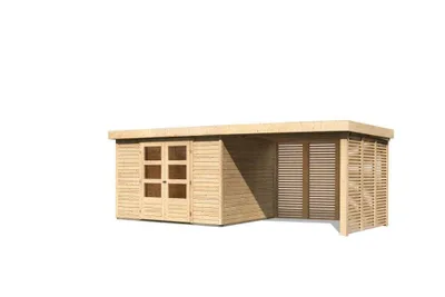Produktbild von Gartenhaus Askola 4 naturbelassen im Set mit Anbaudach 2,40 m Breite und Feuerholzoption