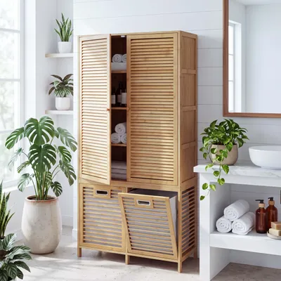 Produktbild von Bambus-Badezimmerschrank MCW-N83, Badregal Schrank, 2 Wäschekörbe 2 Türen MVG 68x82x34cm  natur, Korb hellgrau