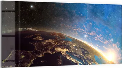 Produktbild von DEQORI Glasbild Echtglas 100x50 cm 'Erdball bei Sonnenaufgang' Wandbild Bild modern Deko