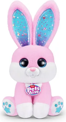 A pink plush bunny toy with large blue eyes and glittery ears sits facing the camera.