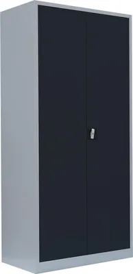 A metal cabinet with two doors and a lock.