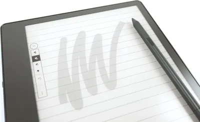 A close-up shot of an Amazon Kindle Scribe with a stylus on its screen.