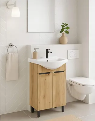 Image de Armoire de salle de bains avec lavabo 60x85 cm chêne craft, mitigeur de bain noir et siphon Lily