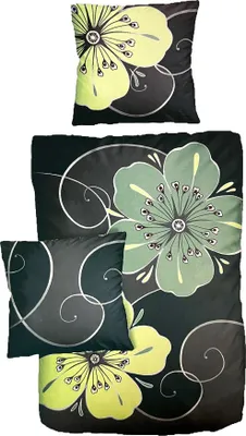 Produktbild von Hochwertige Baumwolle Satin Bettwäsche Blumen Grün Schwarz  155x220 80x80cm: 2 tlg.