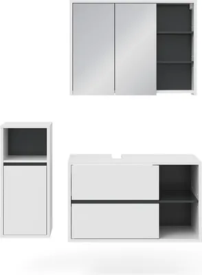 Three pieces of bathroom furniture (medicine cabinet, tall cabinet, and vanity) are shown against a white background.