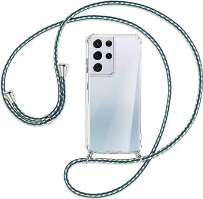 Produktbild von Handykette Backcover-Schutzhülle mit Band (Metall silberfarben) für Samsung Galaxy S21 Ultra 5G - grün/blau/weiß