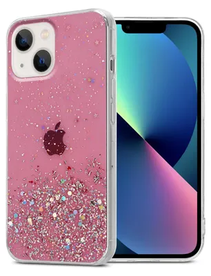 A pink glitter phone case is shown next to an iPhone.