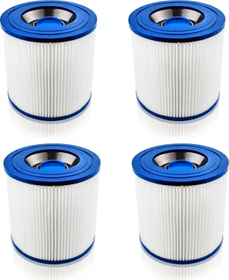 Four spa filter cartridges arranged in a 2x2 grid against a white background.