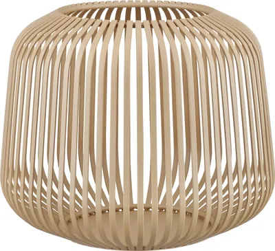 A light brown, woven lantern on a white background.