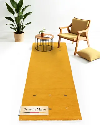 Produktbild von Wollteppich Gabbeh Uni Läufer Gelb 75x240 cm | Moderner Teppich für Wohn- und Schlafzimmer
