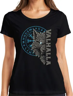 Obrázek produktu pro Dámské tričko Viking Wolf Vegvisir Runic Compass Valhalla Norse Mythology, černá, S