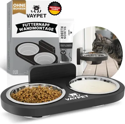 Produktbild von VAYPET Doppel-Katzennapf erhöht Edelstahl Kiefernholz Futternapf Wandmontage ohne Bohren schwarz