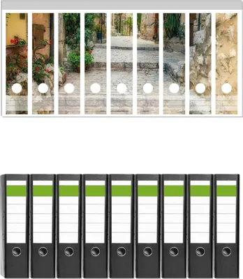Produktbild von Wallario 9 Stück breite Ordner inkl. Klebeetiketten mit Motive Alte steinerne Gasse in Südfrankreich -  Set mit Rückenschildern / Ordnerrücken Stickern