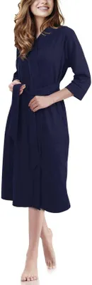 Produktbild von Ibenzoa® Damen-Bademantel, & weich – leichter Baumwoll-Polyester-Strick (52% Baumwolle, 48% Polyester), lang, V-Ausschnitt, 3/4-Ärmel, Bindegürtel, 2 Taschen
