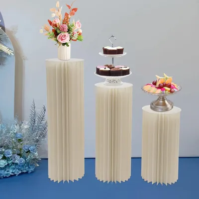 Produktbild von 3er Set Zylindersockel - Faltbare Blumen- und Dekosäulen - 60/80/100 cm - Papier PVC - Hochzeit Party Tischdeko Display - Weiß