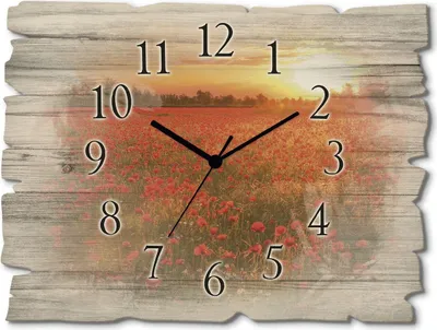 Produktbild von ARTland Holz Wanduhr Funkuhr - schwarzer Zeiger Mohnblumenfeld bei Sonnenuntergang Größe: 40x30 cm