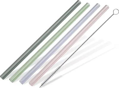 Produktbild von Strohhalme Glas wiederverwendbar, 4 Stück, inklusive Reinigungsbürste, nachhaltige Trinkröhrchen zum Trinken, Schlürfen & Rühren von Cocktails, Smoothies & Limonade