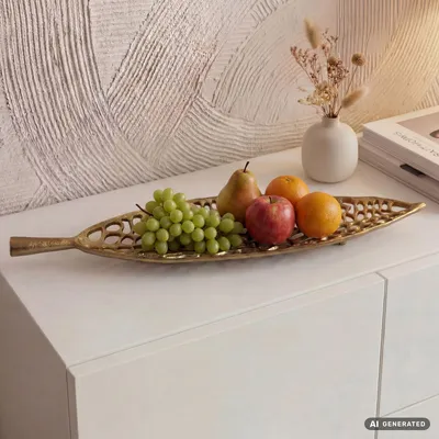 Image de Bol à fruits en métal doré, décor "feuille", 63 cm, idéal pour la décoration de table. Panier à fruits moderne en aluminium, élégant, fait à la main. Bol décoratif en aluminium pour fruits, Image générée par une IA