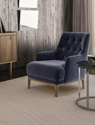 Zdjęcie produktu dla Niebieski ekskluzywny fotel Chesterfield do salonu jednoosobowy drewniana rama