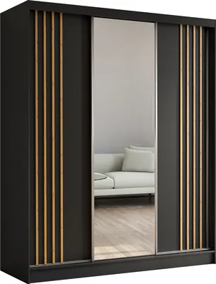 Image de Armoire Neli de 180 cm avec lamelles et miroir, 3 portes coulissantes Armoire à portes coulissantes (couleur : noir, noir, lamelles Artisan)