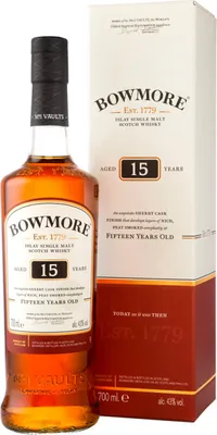 A bottle of Bowmore 15 Year Old Islay Single Malt Scotch Whisky and its presentation box.