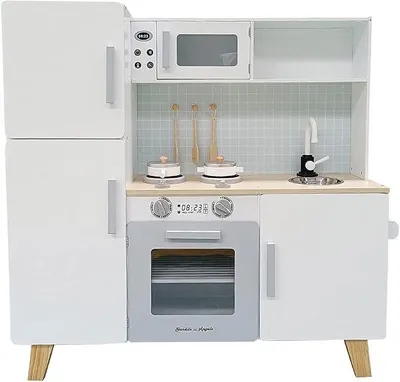Produktbild von Holz-Kinderküche XL Modern Weiß/Grau ab 3 Jahren – Thekenhöhe 52 cm – Inkl. 5 Zubehörteile - Für Jungen und Mädchen - Kinderküche - Spielzeugküche - Weiße Spielküche