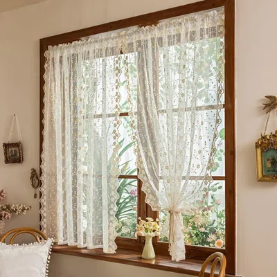 Produktbild von Omgoods - Kurzes Küchenvorhang aus Voile mit Blumenmuster, halbdurchsichtig, 175 x 140 cm, Beige