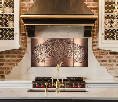 Imagen del producto de Protectores para paredes de cocina CopperAndCraft, set de 4 cuadros decorativos del árbol de la vida, 100x50 cm, azulejos hechos a mano de cobre auténtico, obra de arte en metal con pátina