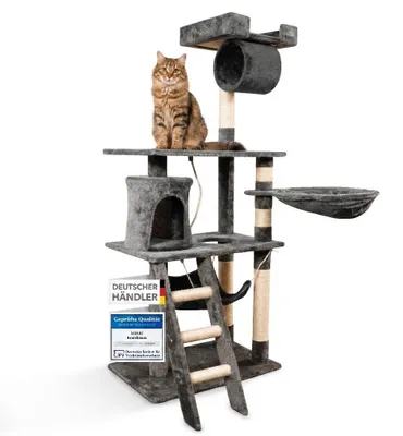Produktbild von Foxdevil by xonic® Stabiler Kratzbaum für Katzen - Vielseitiger Katzenkratzbaum mit Aussichtsplattform, Hängematte, Kuschelhöhle, Spielkordel, Treppe – 141 cm Hoch – [Grau V1 ]
