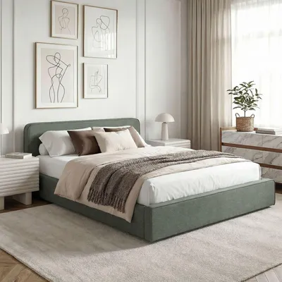 Produktbild von Polsterbett MARINI Doppelbett 140x200 cm in grün -  Bett gepolstert mit Lattenrost, modernes Design & stabiles Holzgestell mit Kunststofffüßen