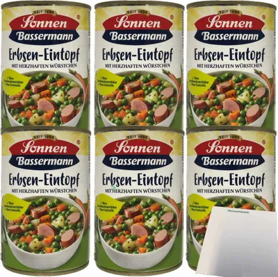 Produktbild von Sonnen Bassermann Erbsentopf mit herzhaften Würstchen 6er Pack (6x400g Dose) + usy Block