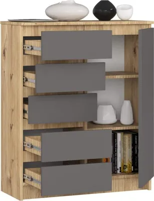 Obrázek produktu pro BDW - Komoda 5 zásuvek, obývací pokoj, předsíň 80x97x35, dub Artisan / šedá