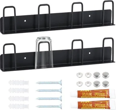 Produktbild von Set aus 2 schwarzen Wandmontage-Becherhaltern mit 4 Haken, Becherhalter mit 4 Becherhaltern, Kaffeebecherhalter Mok Aufhängerkreis, für Küche, Wohnzimmer und Büro