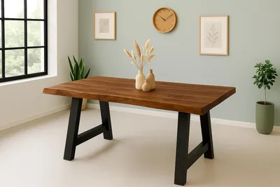 Produktbild von Esstisch Baumkante Akazie massiv 50mm Nussbaum 180 x 90 cm A-Gestell schwarz CALI