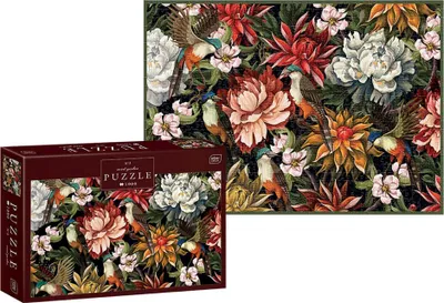 A puzzle box and the puzzle itself are shown. The puzzle depicts a vibrant floral scene with birds.