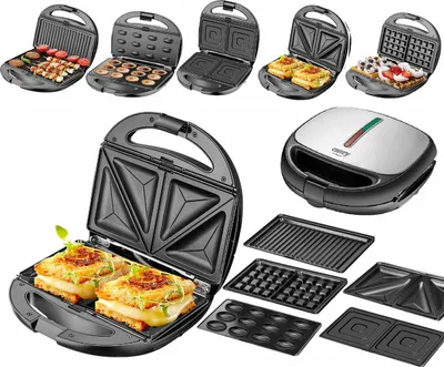 A collage of a Camry 5-in-1 sandwich maker with various interchangeable plates and examples of food made with it.
