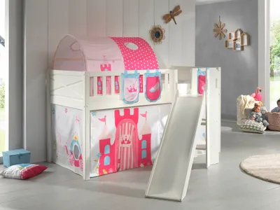 Produktbild von VIPACK - Spielbett SCOTT, LF 90 x 200 cm, mit Rolllattenrost, Rutsche, Leiter und Textilset Vorhang, Tunnel und 3 Taschen "Princess"