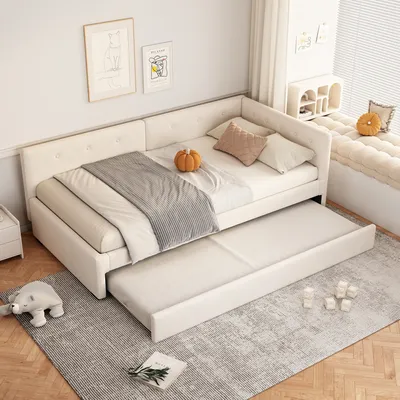 Produktbild von okwish Schlafsofa Daybett 90x200cm mit Ausziehbarem Unterbett 90x190cm, Tagesbett Kinderbett Jugendbett mit Lattenrost aus Holz(Ohne Matratze)- Beige