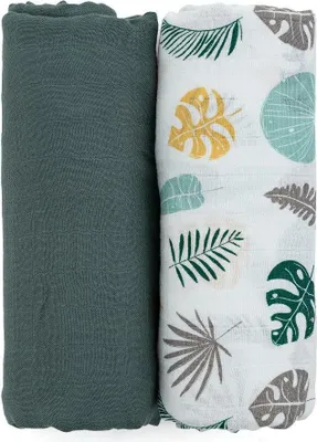 Produktbild von PETITE&MARS Bambus-Musselin-Tücher 2 Stück, Grautöne, 120x120 cm (Green Leaves)