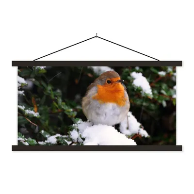 Produktbild von MuchoWow® Textilposter Rotkehlchen - Baum - Schnee 60x30 cm mit schwarzem Rahmen - Textilien