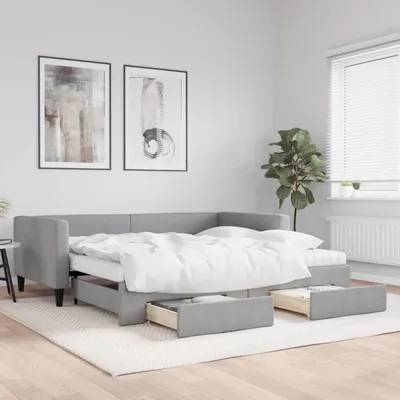 Image de Canapé-lit convertible en lit de jour, 2 places, avec tiroirs, couleur gris clair, dimensions 100x200 cm, revêtement en tissu