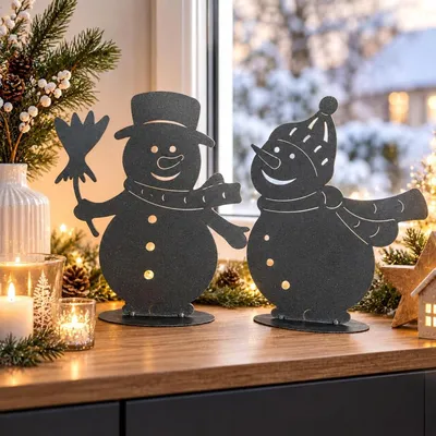 Produktbild von Schneemann Gartendeko Metall - Grau - 30 cm - Winterdeko Weihnachtsdeko - Für Innen und Außen