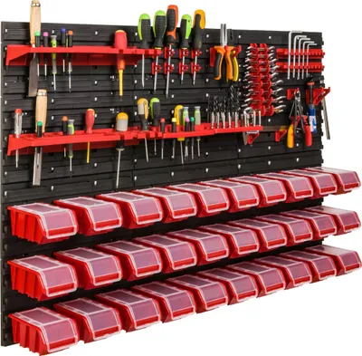 Zdjęcie produktu dla System magazynowy Regał warsztatowy | 117 x 78 cm | 30 szt. Pudełko | Regał ścienny z pojemnikami do układania w stosy - Płyty ścienne Bardzo wytrzymały regał na pojemniki Regał warsztatowy Regał garażowy