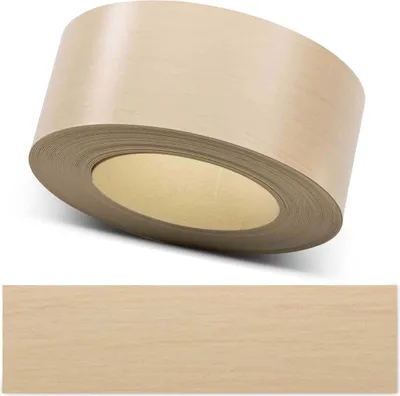 A roll of wood veneer edge banding on a white background, with a close-up swatch of the veneer below.