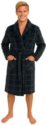 Imagen del producto de Unyqoos® - Bata para hombre, estampado de diamantes, 100% forro polar, color gris, talla XXL | Longitud media de 118 cm, cuello mao, cinturón de amarre y 2 bolsillos