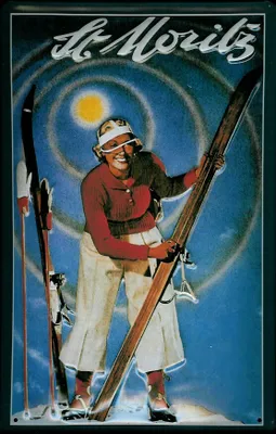 Produktbild von Blechschild Nostalgieschild St. Moritz Skifahrerin Schweiz