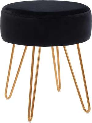 Produktbild von Runder Sitz- und Schminkhocker aus Samt mit Polsterung und Metallbeinen für Schminktisch, Wohnzimmer und Schlafzimmer, Schwarz
