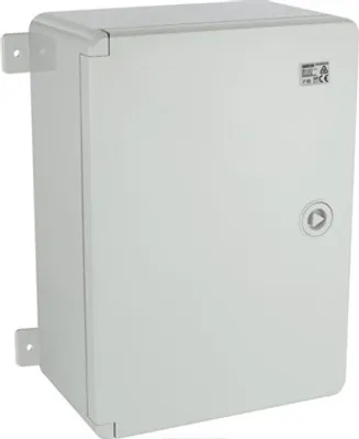 A light gray industrial enclosure is shown against a white background.
