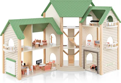 Produktbild von DREAMADE Puppenhaus-Spielset, 3-stöckiges Eckpuppenhaus mit 7 Zimmern, 36 Accessoires, nutzbarer Tür und Balkonen, für Rollenspiele, ab 3 Jahren