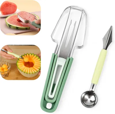Produktbild von Melonenschneider aus Edelstahl 3 in 1 Set mit Kugelausstecher und Obstgabel